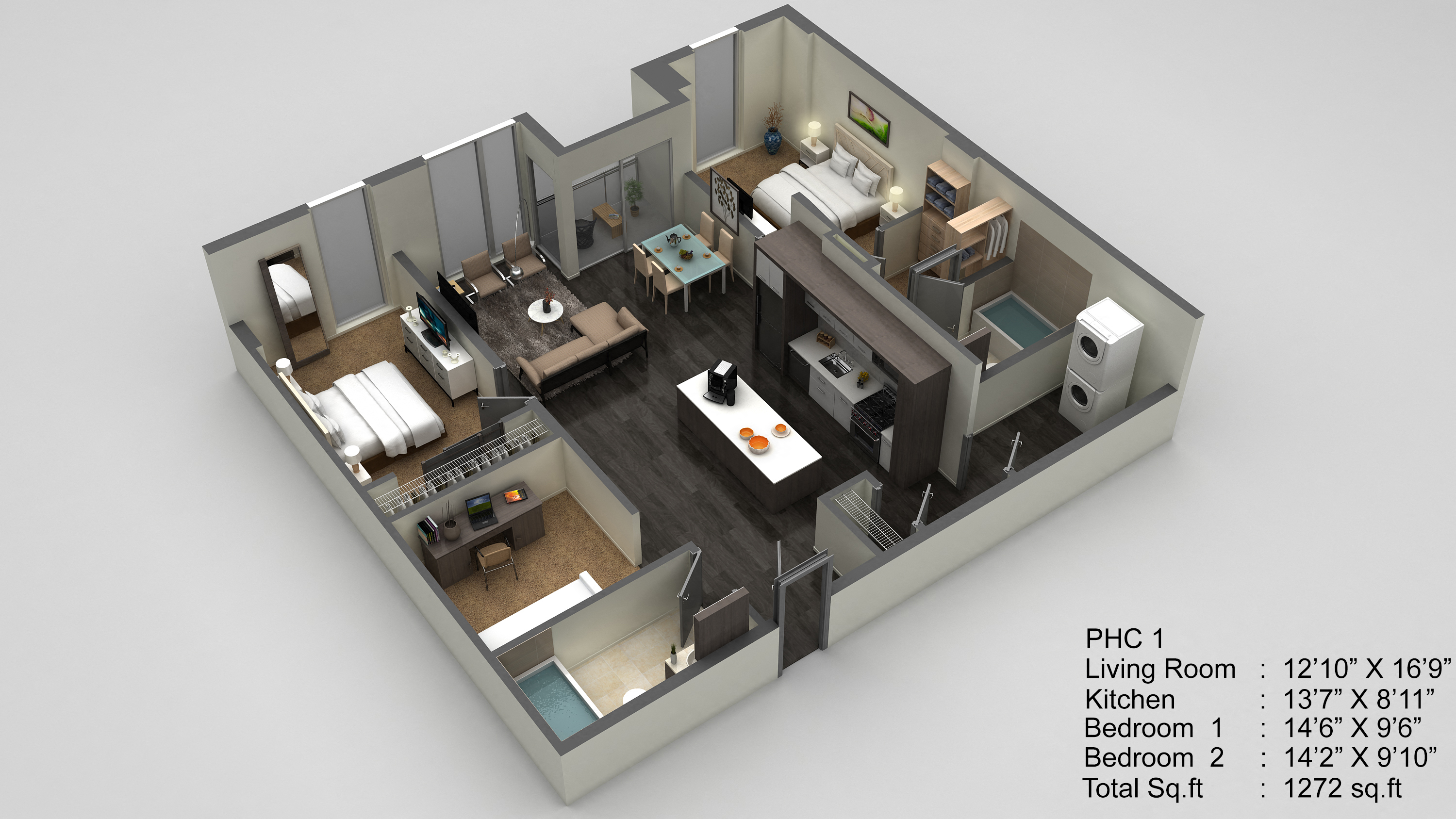 Floor plan for 2 beds, 2 baths, 1272 sqft